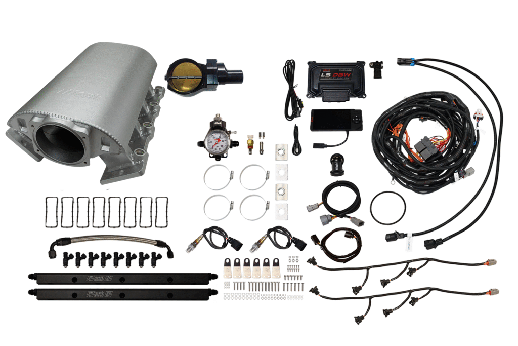 Complete car alarm system with sensors, remote controls, and wiring harness.