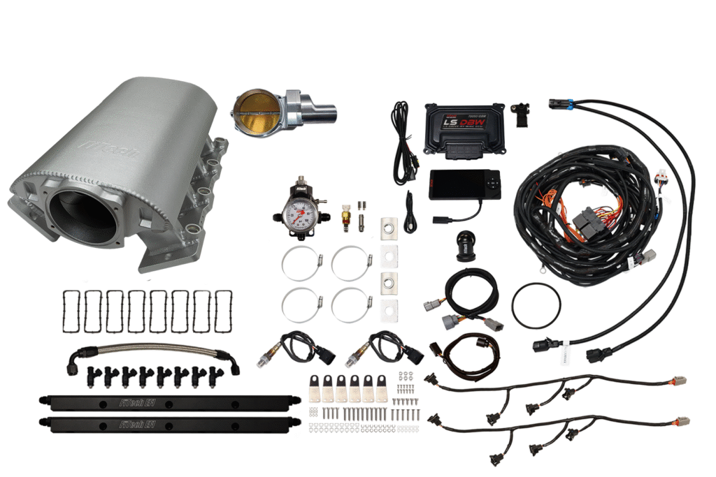 Complete vehicle LPG conversion kit with various components and wiring.
