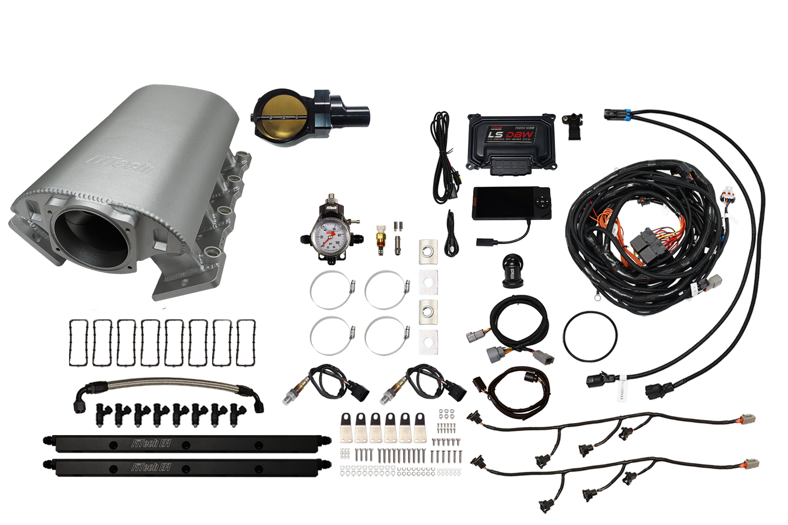 Complete irrigation system kit with various components and tools.