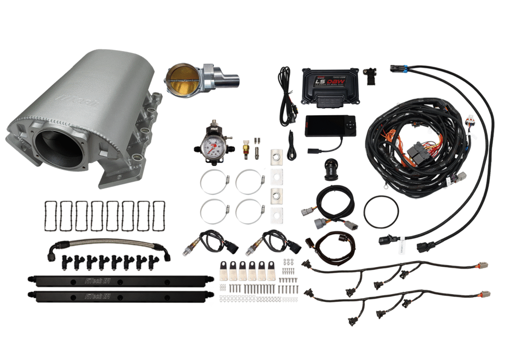 Complete automotive exhaust system kit with various components and accessories.