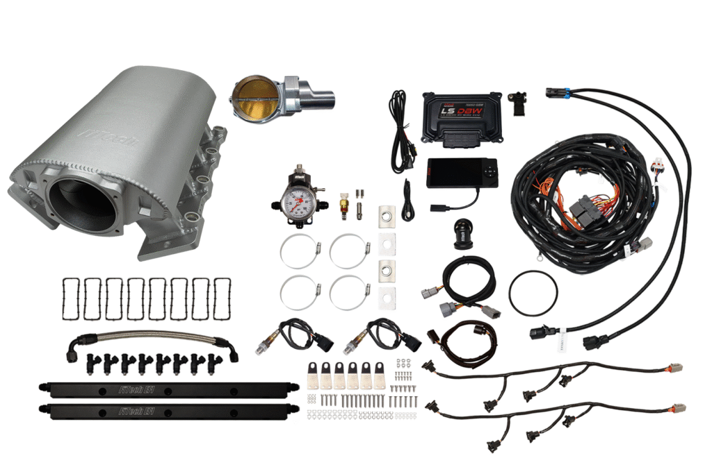 Components of a vehicle LPG conversion kit laid out neatly.