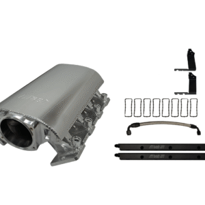 Car engine intake manifold with mounting hardware laid out.