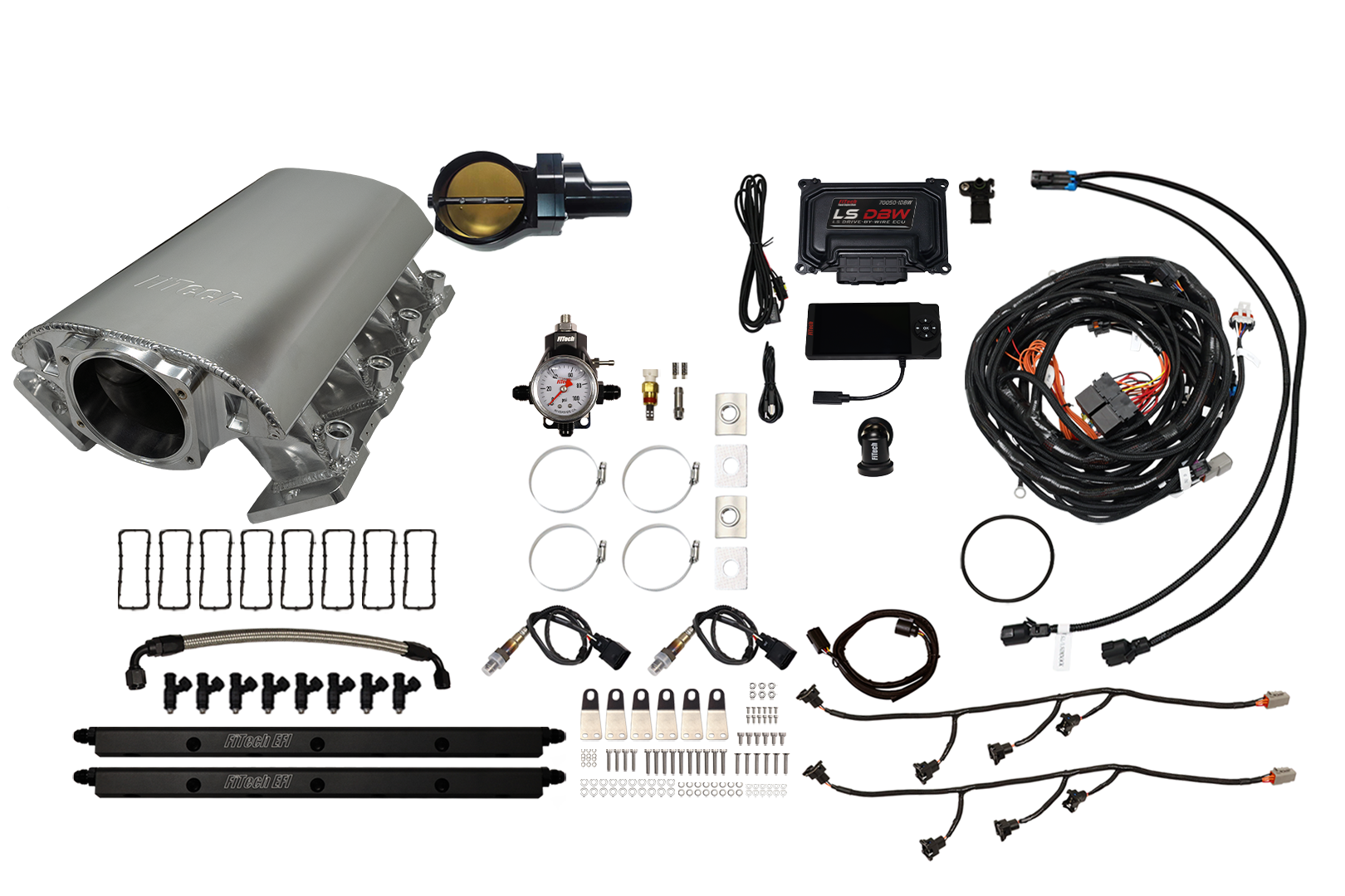 A complete fuel injection system kit with various components and wiring.