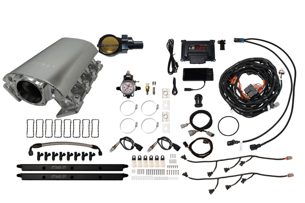Complete automotive engine wiring harness with components and connectors.