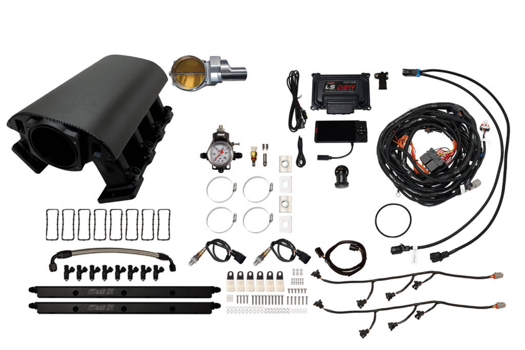 Components of a car air suspension system laid out on a white background.