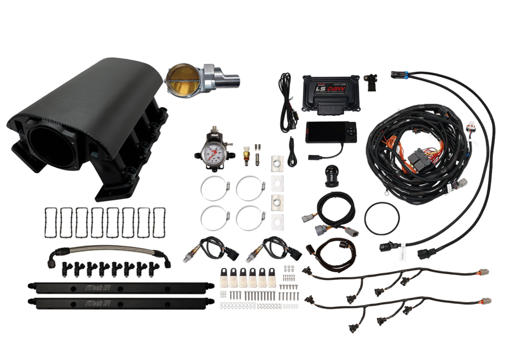 Complete car engine cold air intake kit with wiring and accessories.