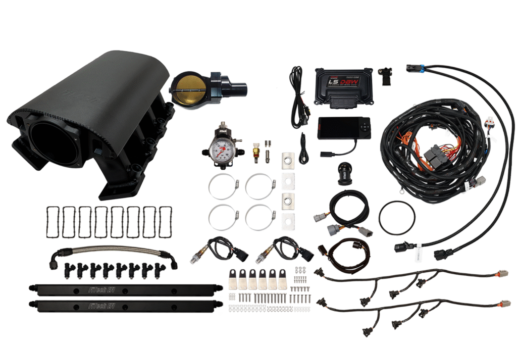Complete automotive air intake and wiring kit with components and cables.