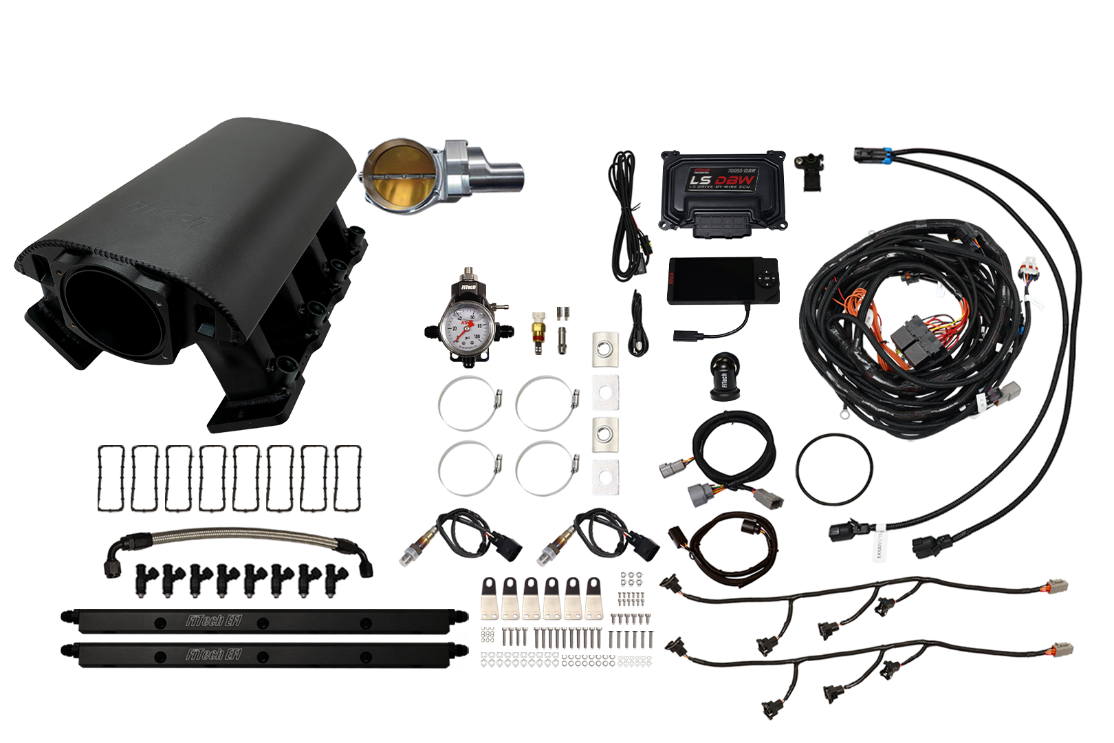 Components of an automotive air suspension system laid out on a white surface.