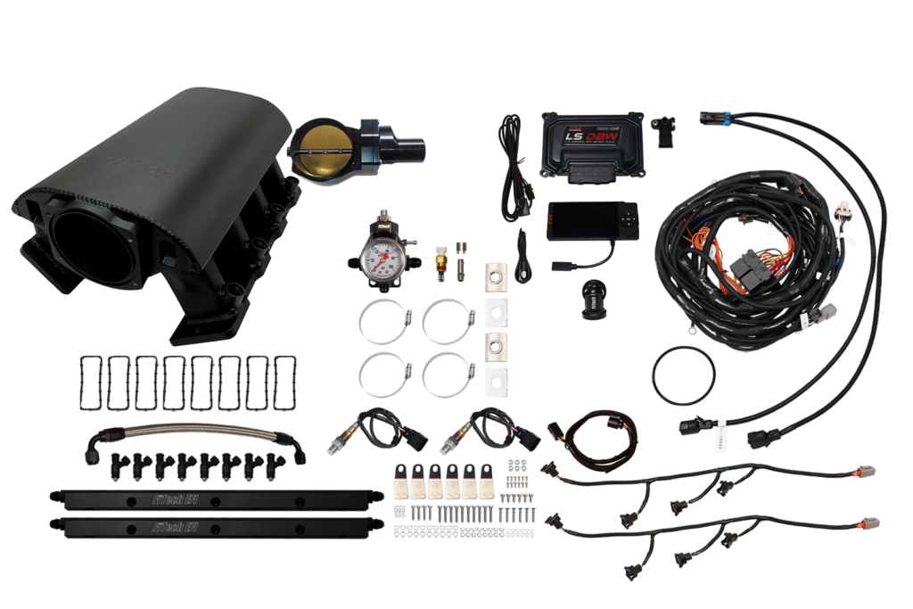 A collection of automotive parts and accessories on a white background.