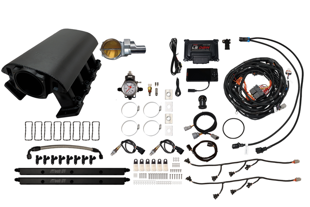 Components of a vehicle air suspension kit laid out.