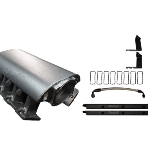 Silver automotive intake manifold with black components on white background.