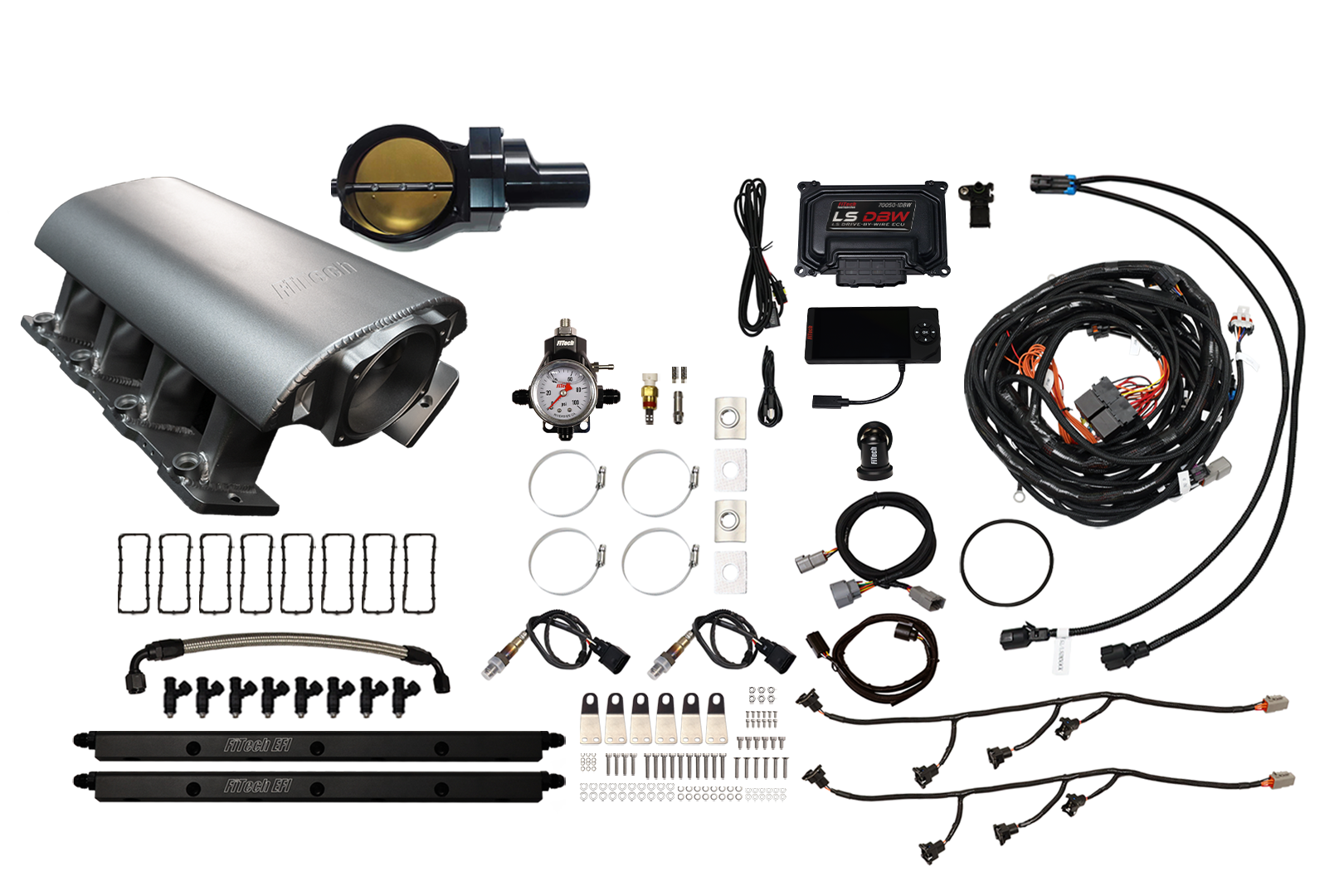 A car turbocharger kit with various components and wiring.
