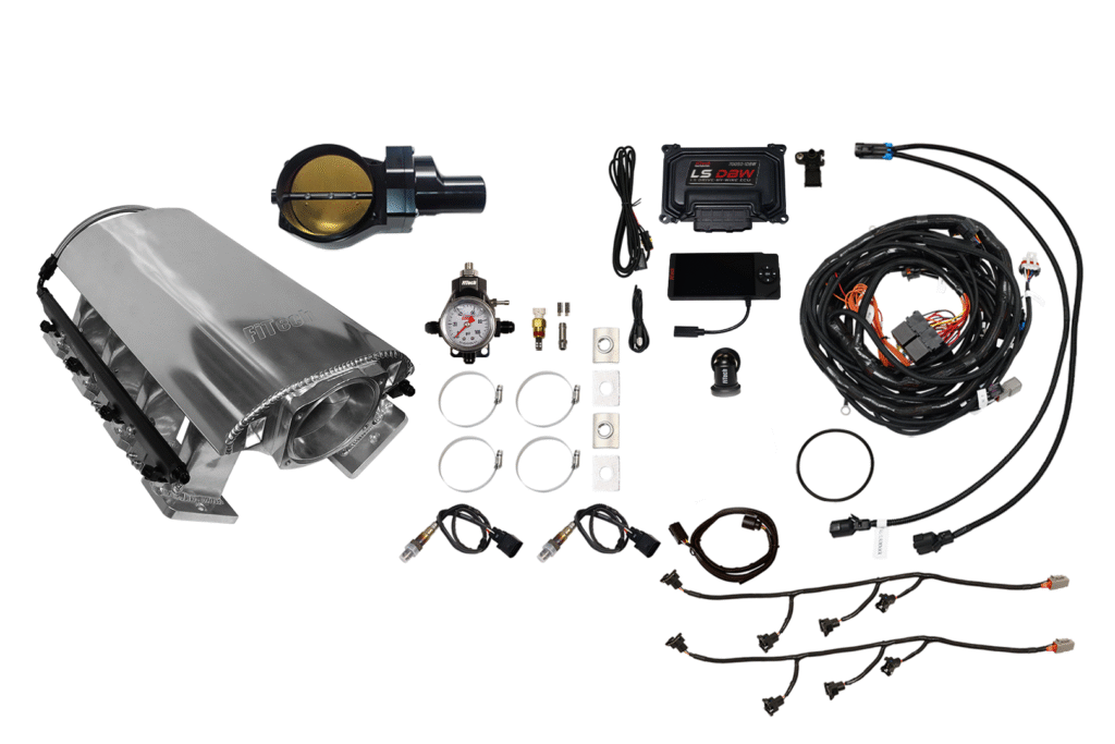 Complete automotive intake and wiring kit with sensors and connectors.