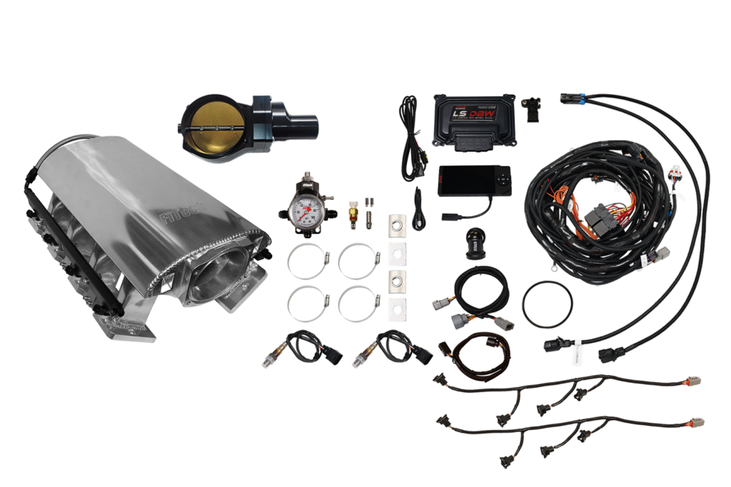Car engine intake manifold kit with sensors and wiring harness.