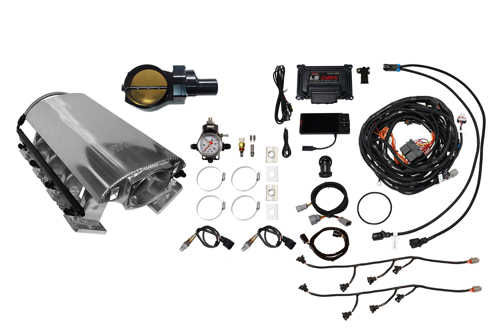 Car engine intake manifold kit with sensors and wiring harness.