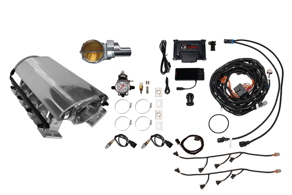 Complete car engine wiring harness kit with connectors and sensors.