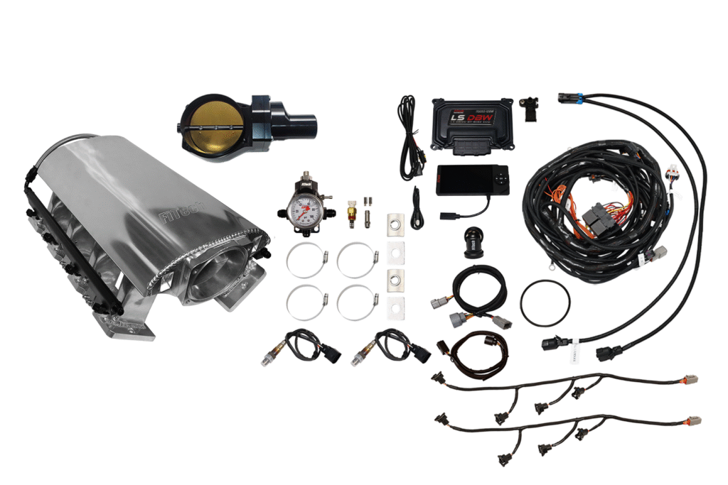 A car engine intake manifold kit with sensors and wiring components.