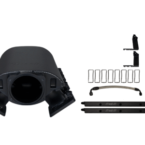 Black plastic mechanical or electronic device parts arranged neatly on a white background.