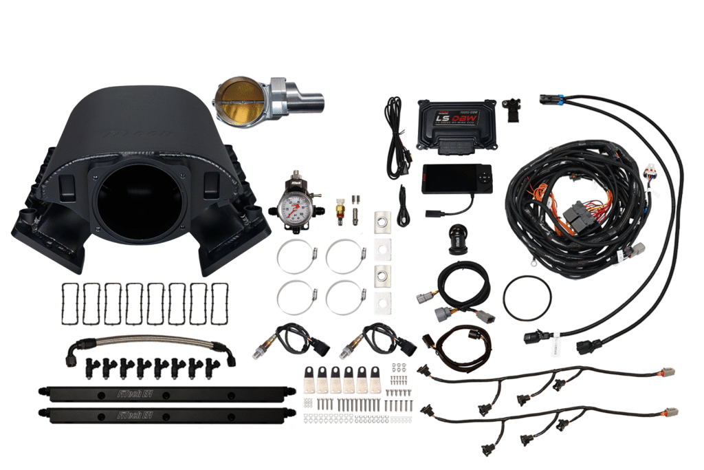 Complete vehicle turbocharger installation kit with hoses, clamps, and accessories.