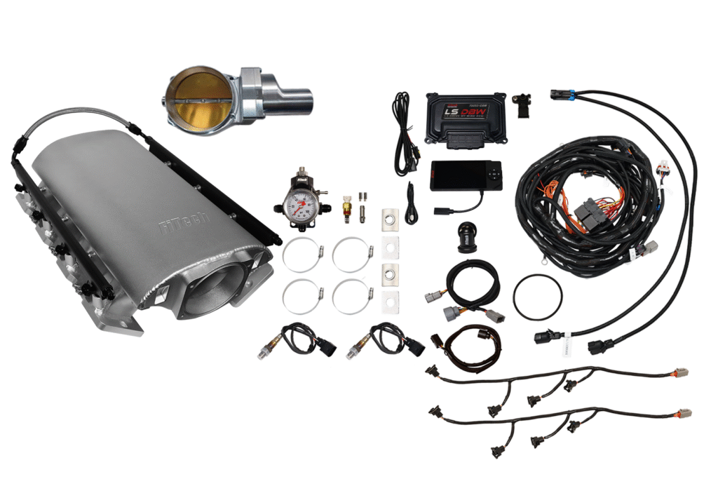 Complete automotive LPG conversion kit with various components and wiring.