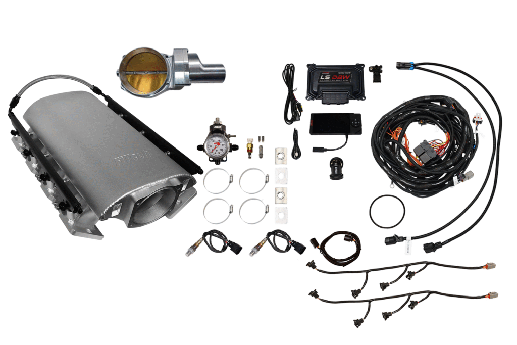 Car turbocharger kit with wiring and accessories.