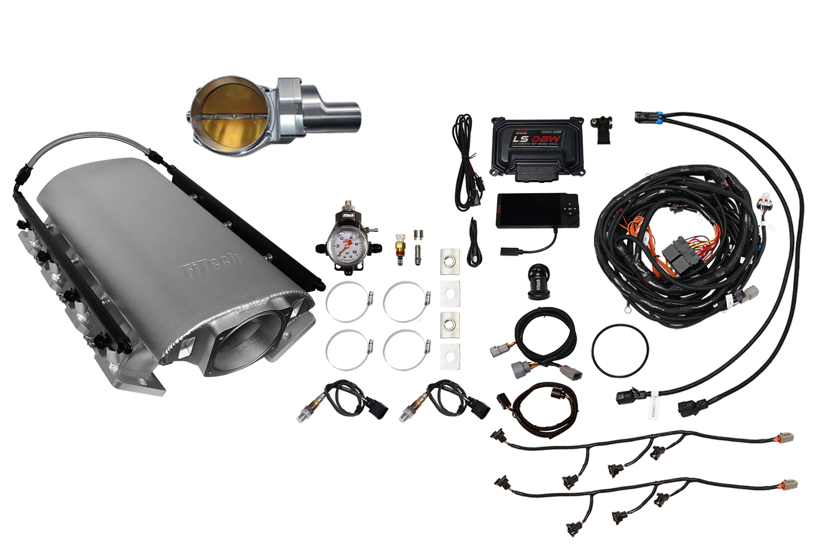 A diesel exhaust fluid (DEF) injection kit with various components and wiring.