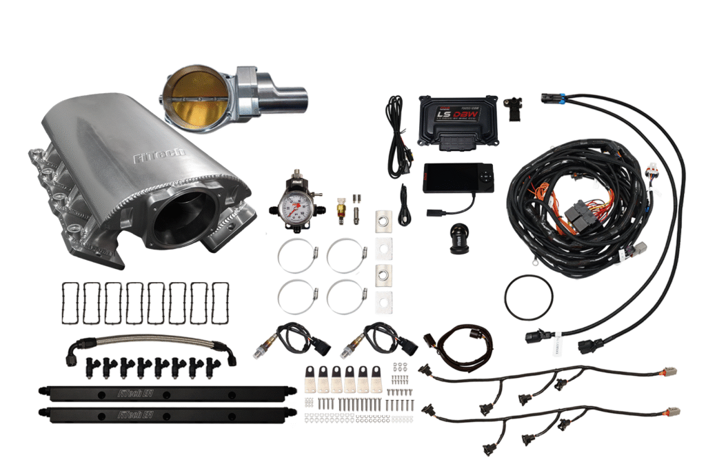 Complete car exhaust system parts and accessories laid out on a white background.