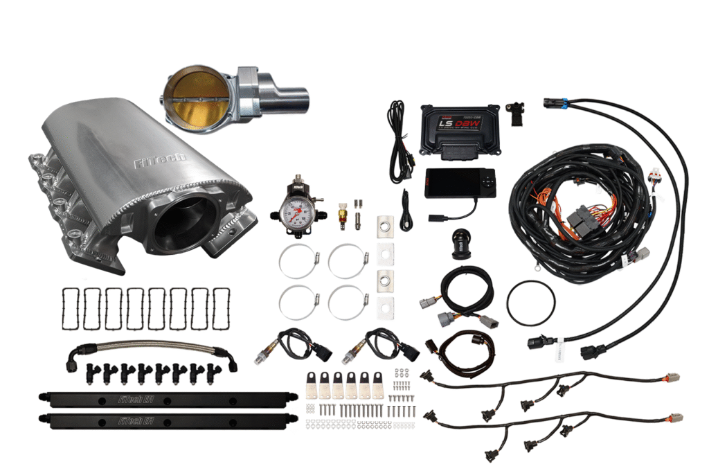 Car exhaust and wiring kit with various clamps and connectors.