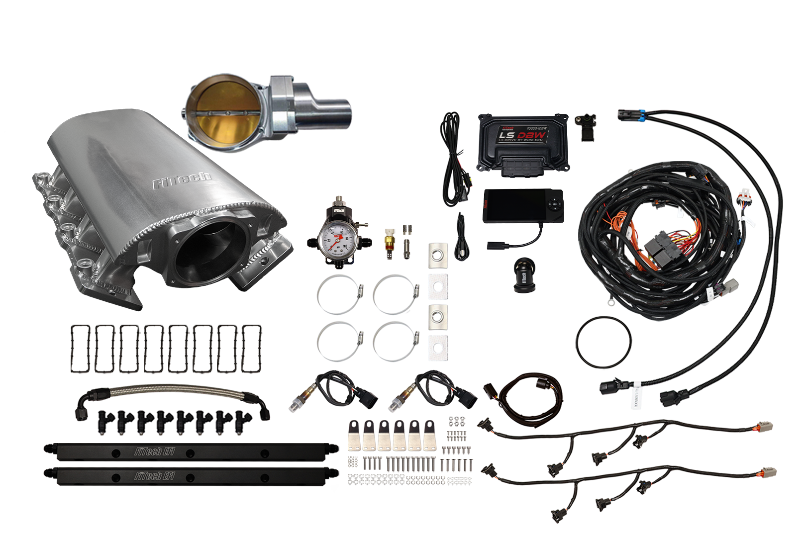 Car exhaust system and engine tuning parts laid out on a white background.