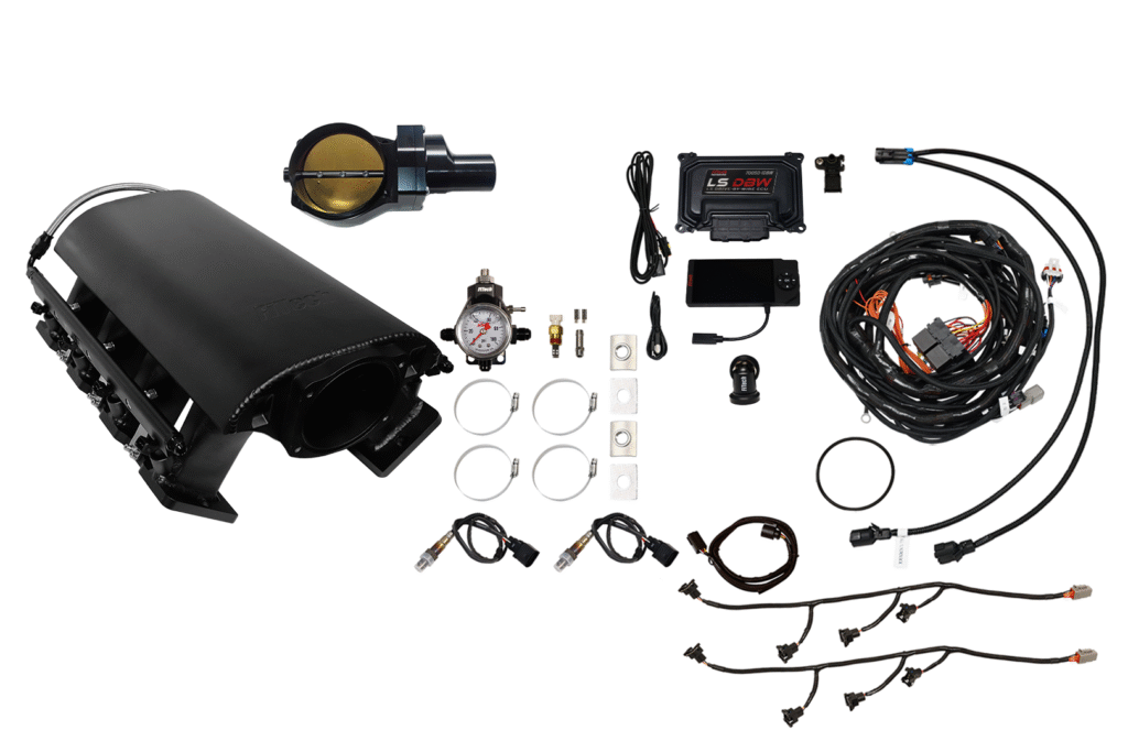 A detailed automotive engine tuning kit with various sensors and wiring components.
