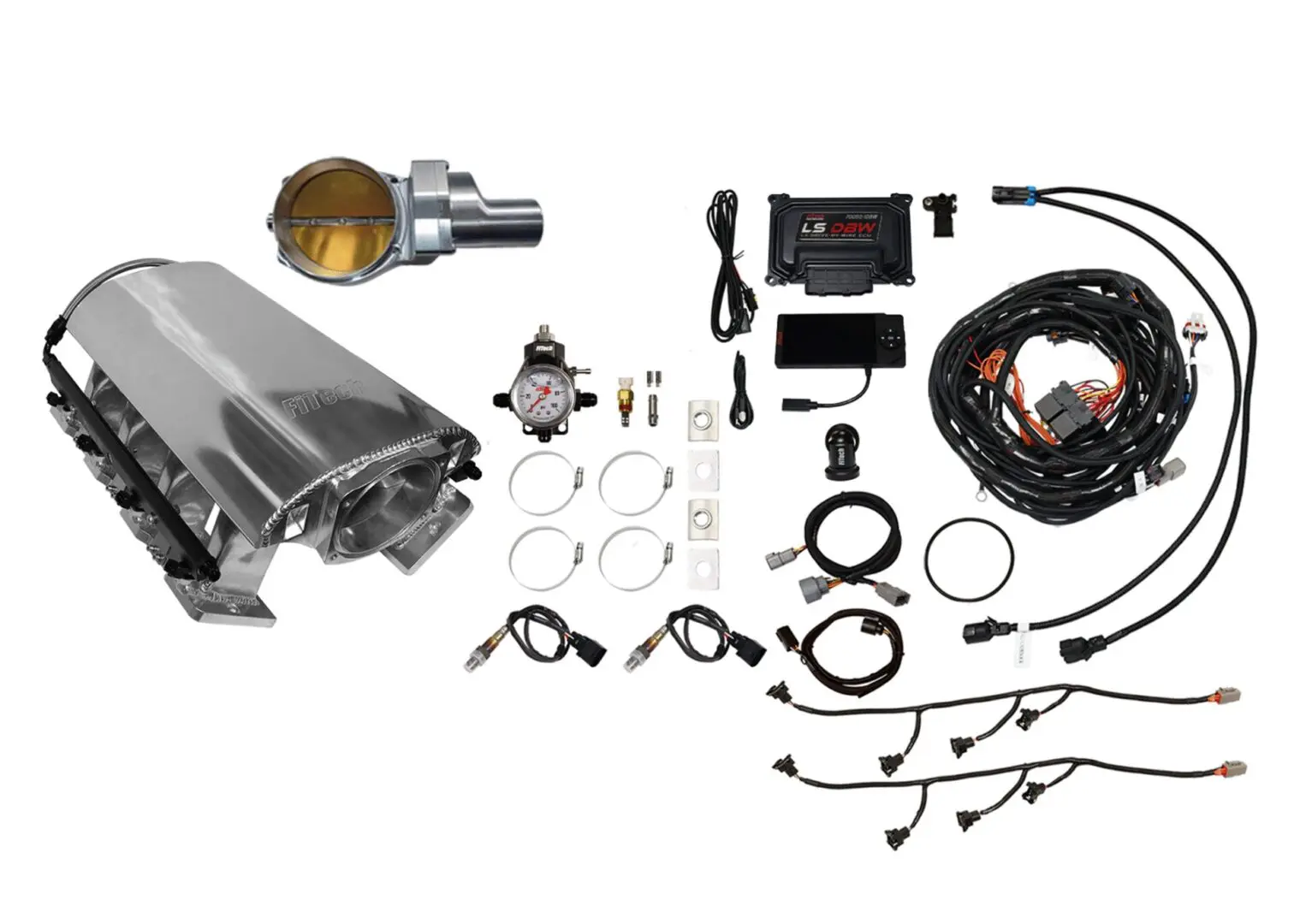Complete automotive engine tuning kit with various components and wiring.