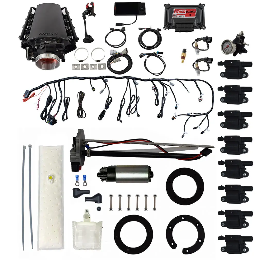 Complete automotive wiring harness kit with connectors and components.