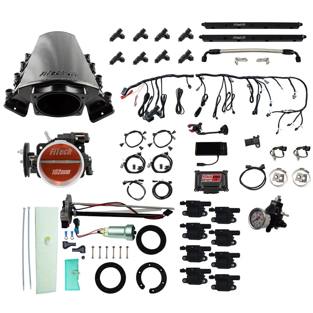 Complete black automotive wiring harness with connectors and accessories.