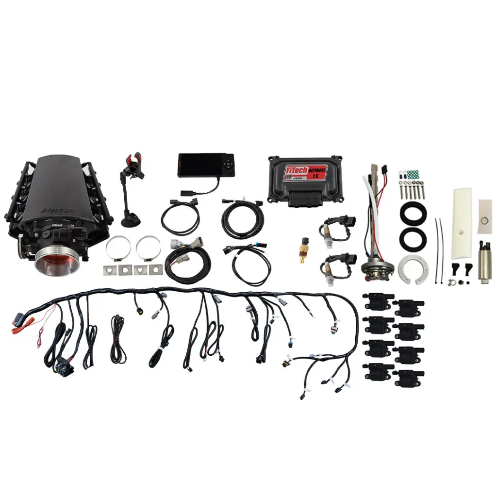 Complete car engine wiring harness kit with connectors and cables.
