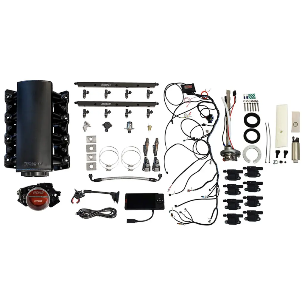 Complete engine rebuild kit with all components neatly arranged.
