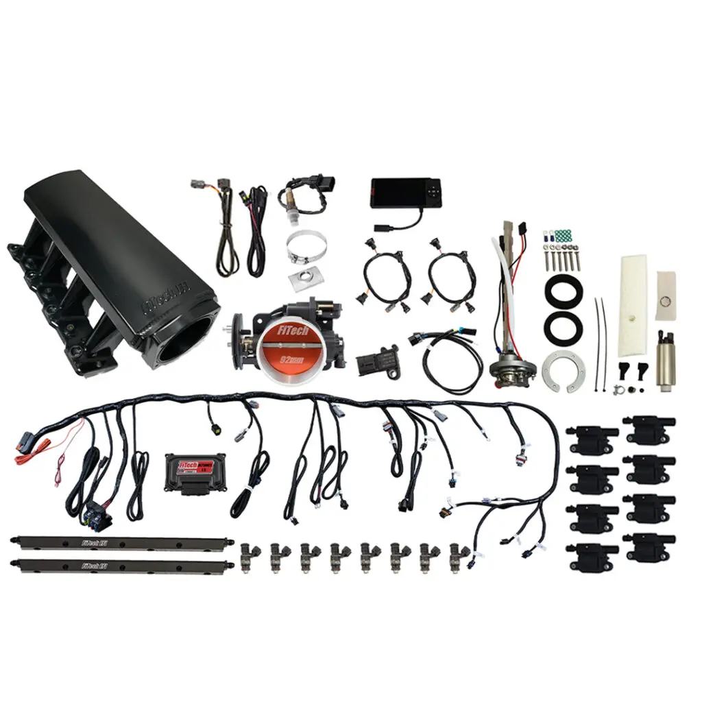 Comprehensive car alarm system kit with sensors, wiring, and remote controls.