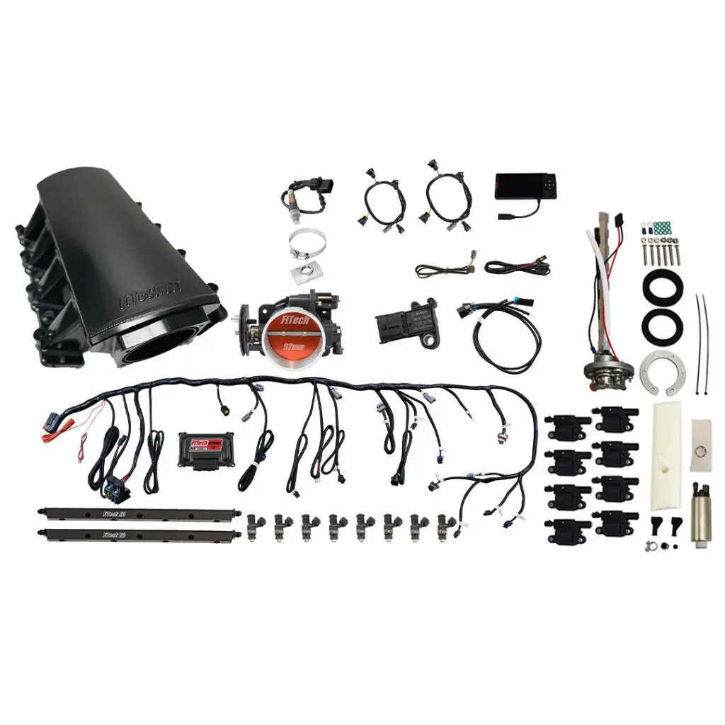 A comprehensive car wiring and component kit laid out on a white background.