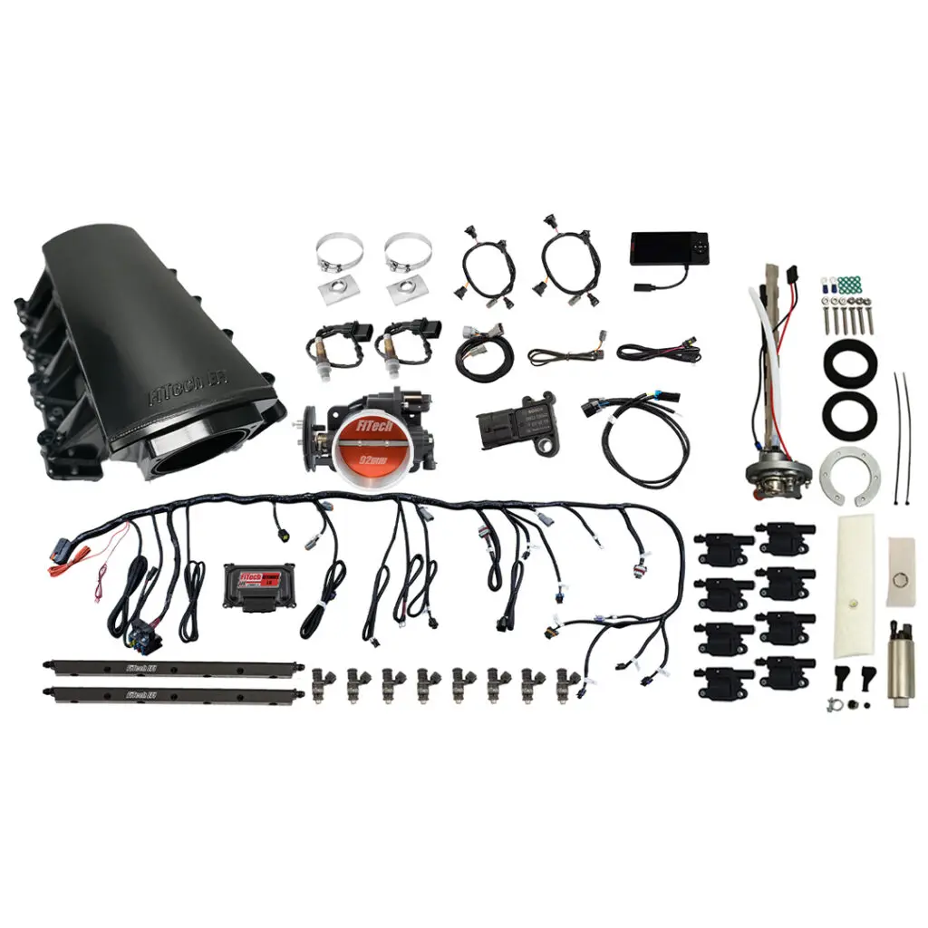 Complete automotive engine gasket and seal kit with various components.