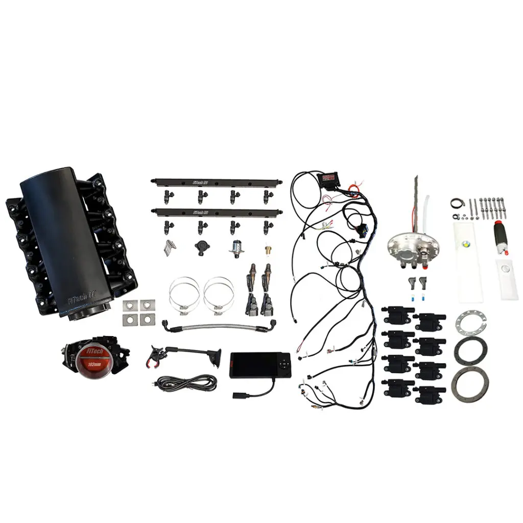 Complete motorcycle carburetor rebuild kit with various components.