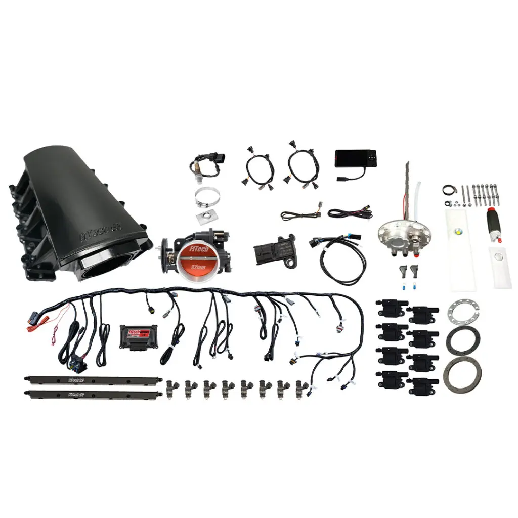 A motorcycle carburetor kit with various components and accessories.