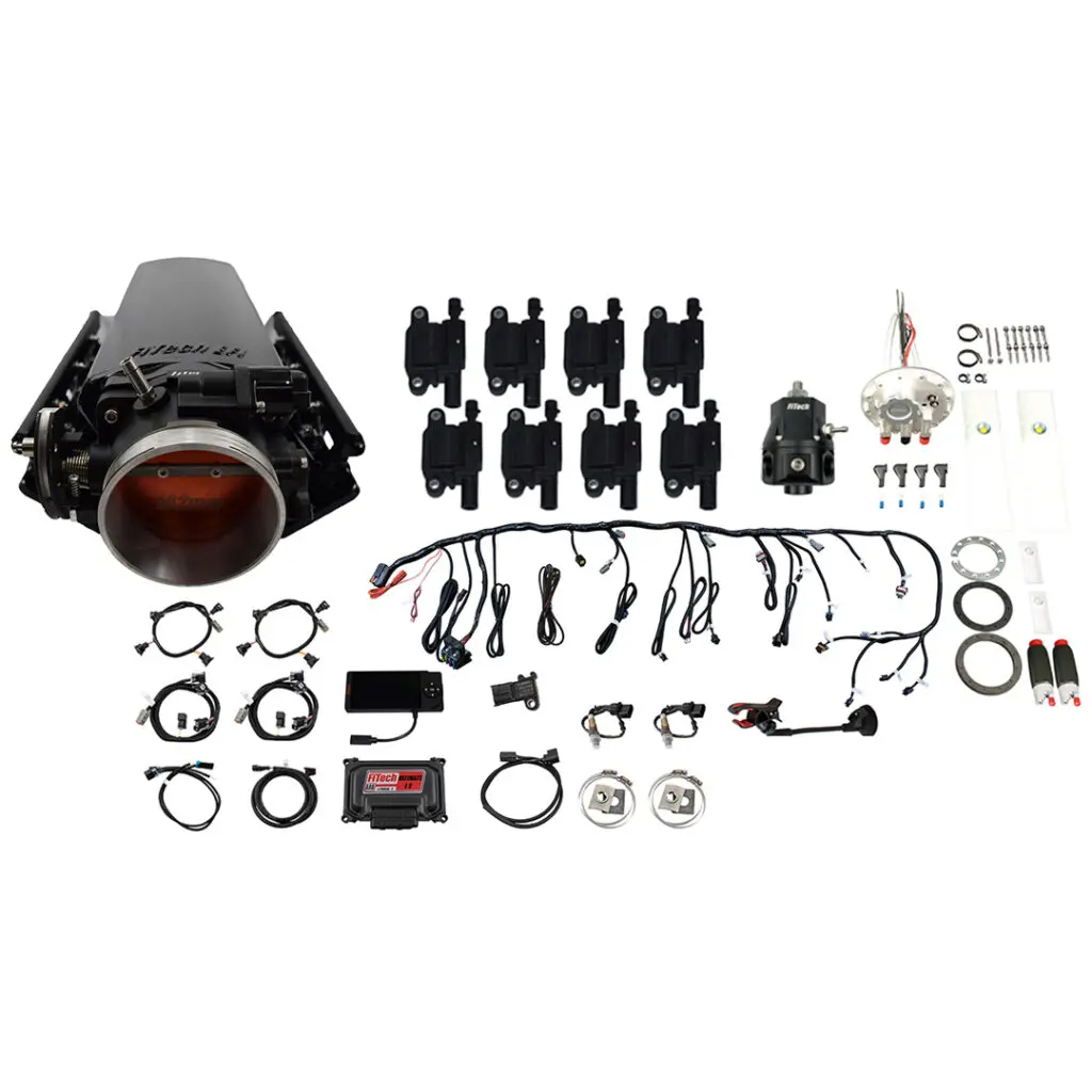 Complete car headlight assembly kit with wiring and components.