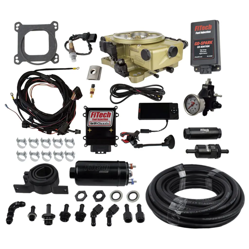 Complete fuel injection conversion kit with wiring and components.