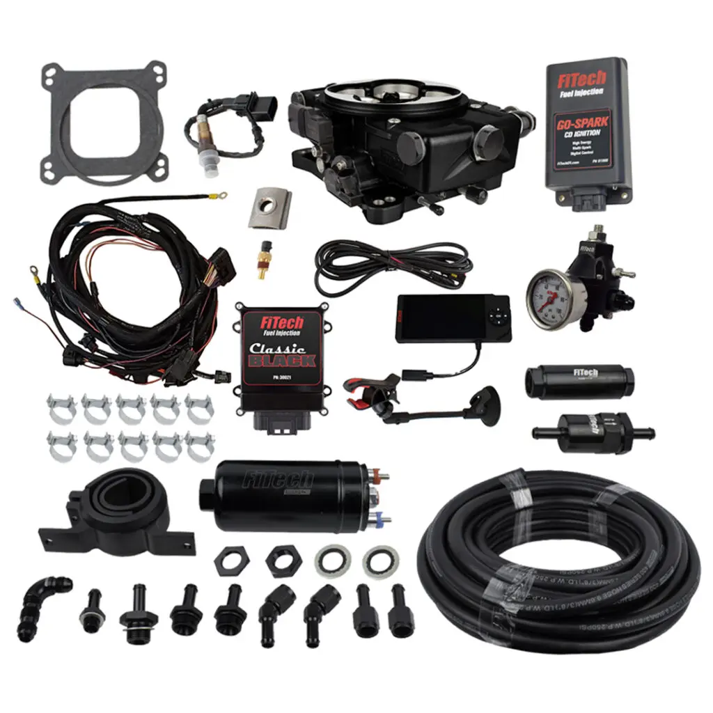 Complete fuel injection conversion kit with all necessary parts and wiring.
