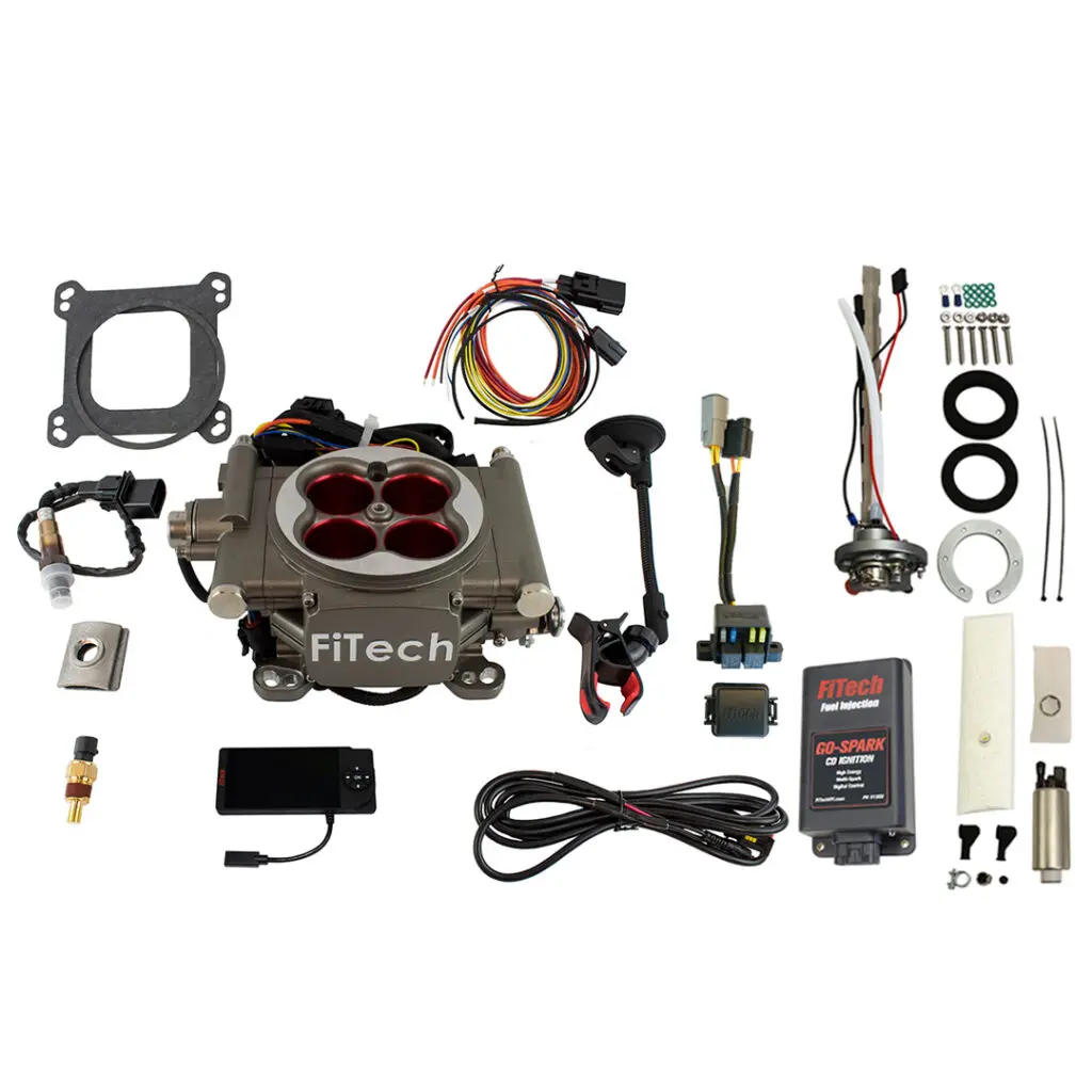 Complete electronic fuel injection kit with throttle body and components.