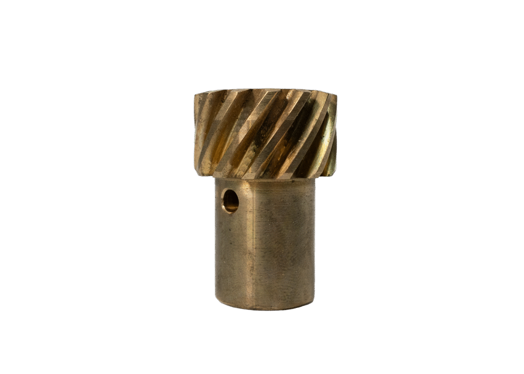 A small metallic gear with angled teeth and a cylindrical base.