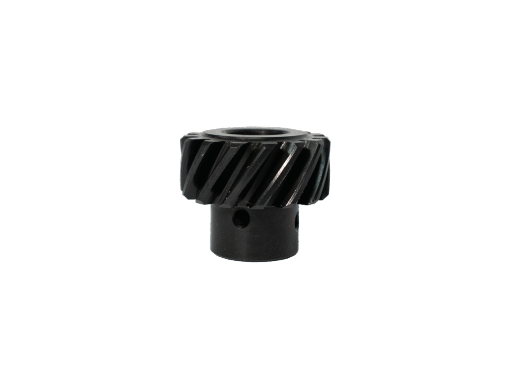 Black helical gear with a small mounting hole.