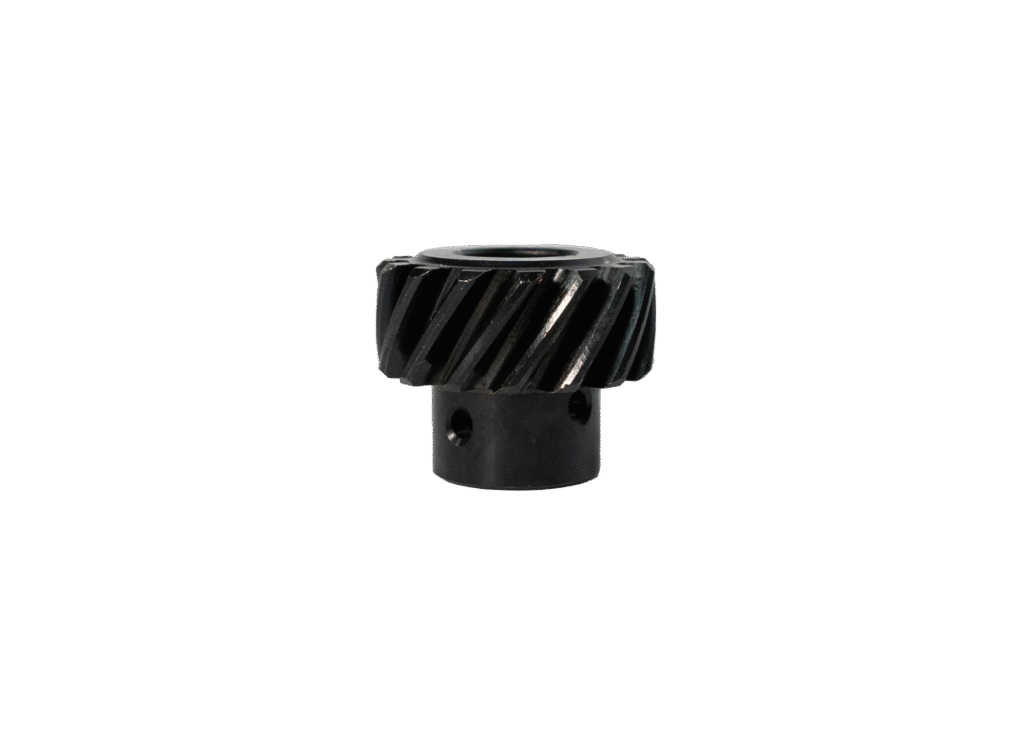 Small black metal gear with helical teeth.