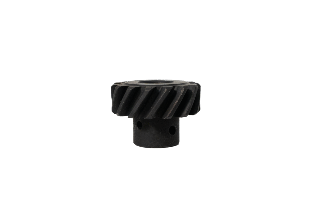 Small black helical gear with angled teeth.