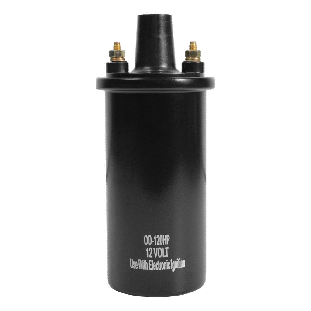Black cylindrical ignition coil with dual terminals and central connector.