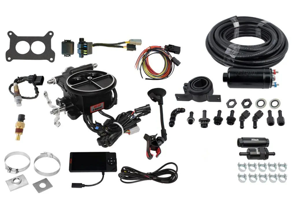Complete electric bike conversion kit with motor, battery, and accessories.